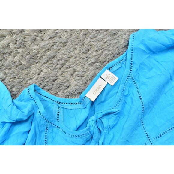 Chico's Blue Blouse Size 3 Rayon Women's Crew Neck Short Sleeve Solid - Picture 4 of 6
